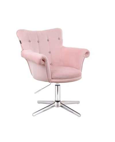 Różowy fotel LORA CRISTAL pudrowy róż - srebrny krzyżak chrom