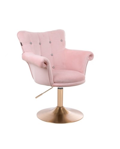 Pudrowy różowy fotel LORA CRISTAL złoty dysk