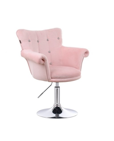 Fotel welurowy LORA CRISTAL pudrowy róż - srebrny dysk chromowany