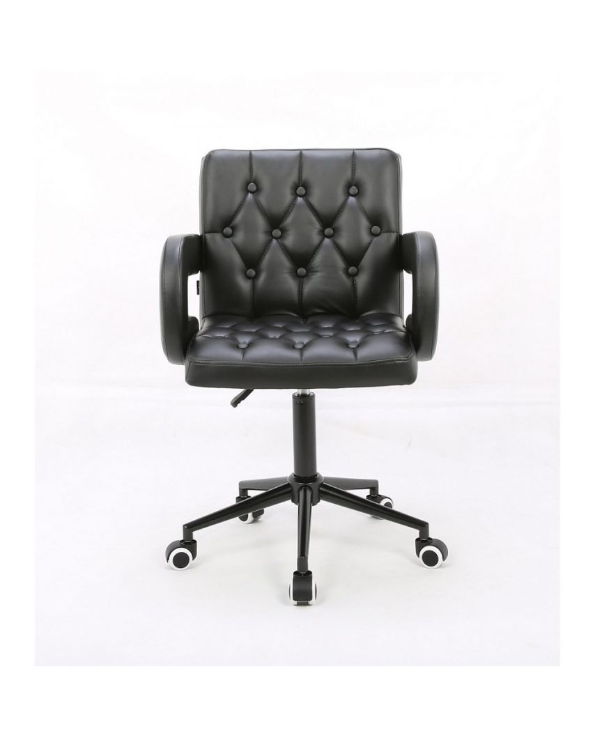 Ron II – Fotel fryzjerski tapicerowany czarną eco-skórą z guzikami tapicerskimi