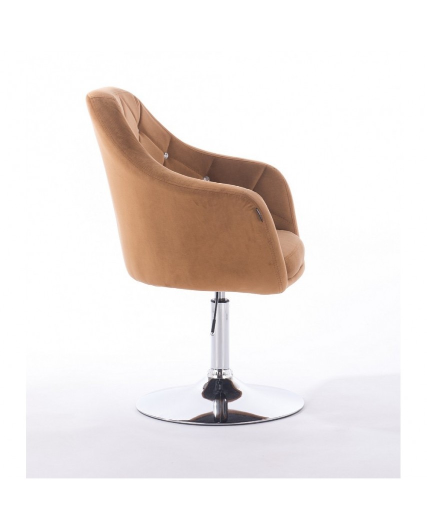 BLERM CRISTAL Miodowe krzesło tapicerowane welur - chromowany dysk