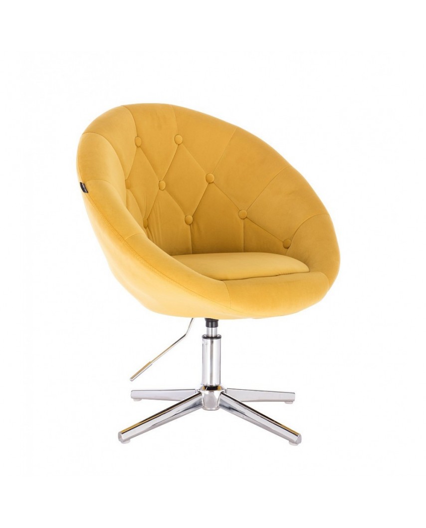 Fotel tapicerowany żółtym welurem BLOM - krzyżak chromowany