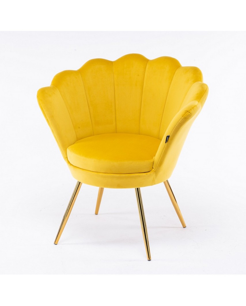 Fotel muszelka ARIA żółty welur - złote nogi