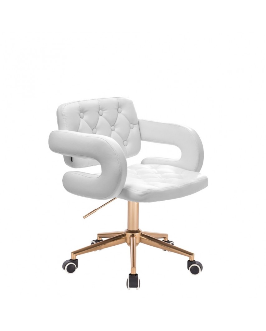 SURF - Białe krzesło z podłokietnikami złote kółka - skóra ekologiczna