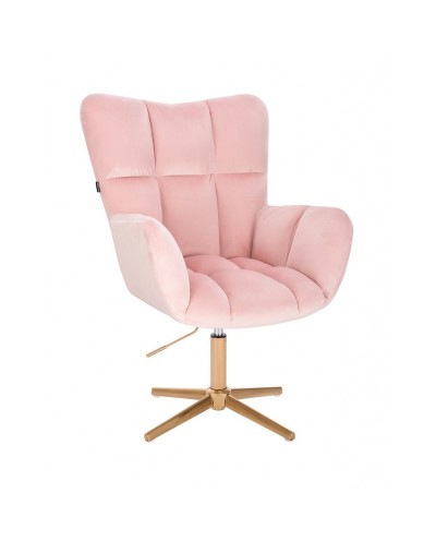 Wygodny różowy fotel PEDRO pudrowy róż - złoty krzyżak