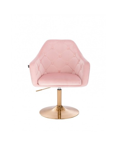 Fotel do salonu welur BLERM pudrowy róż - złoty dysk