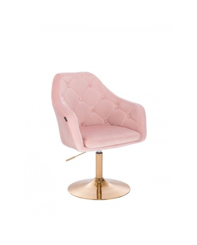 Fotel do salonu welur BLERM pudrowy róż - złoty dysk
