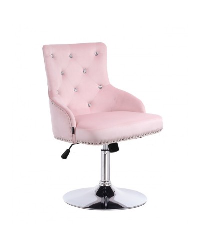 Welurowy fotel z ćwiekami CLARIS CRISTAL pudrowy róż - dysk chrom