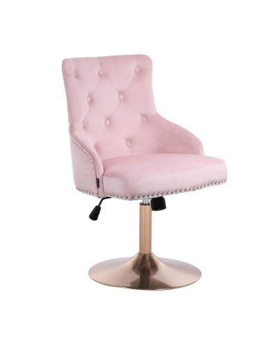 CLARIS pikowany fotel pudrowy róż chesterfield welur - złoty dysk